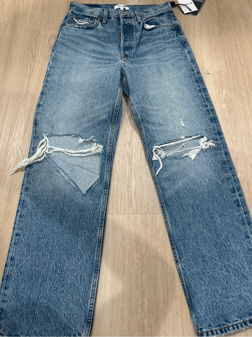 Re/Done Light Blue Distressed Straight-Leg Jeans